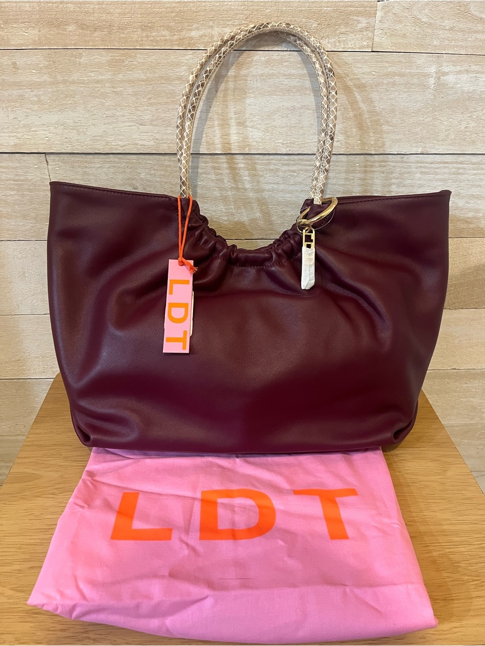 LDT Burgundy Hobo Tote with Braided Snakeskin Cream Handles NWT